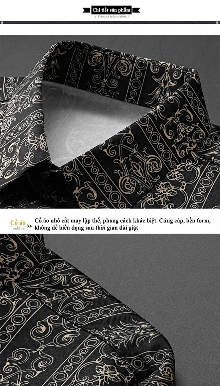 Áo Sơ Mi Nam Tay Dài In Họa Tiết Cung Đình Vàng, Chống Nhăn, Dáng Ôm chi tiết 7