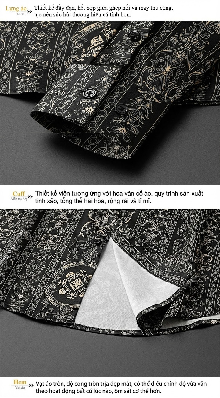 Áo Sơ Mi Nam Tay Dài In Họa Tiết Cung Đình Vàng, Chống Nhăn, Dáng Ôm chi tiết 8