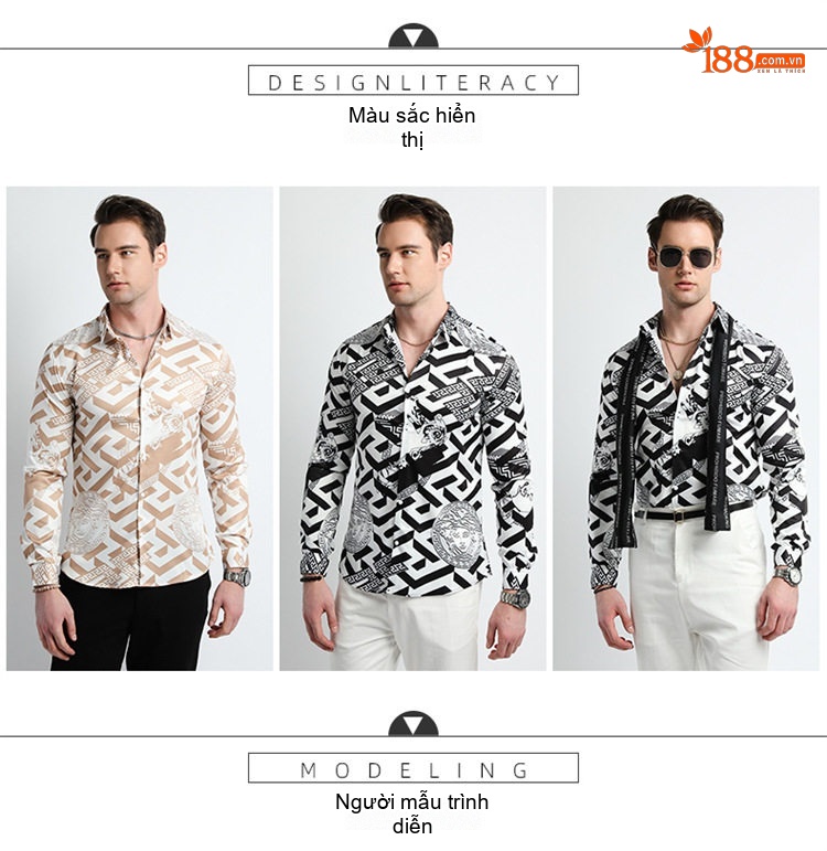 Áo Sơ Mi Nam Tay Dài In Họa Tiết Digital Phong Cách Cá Tính Màu Trắng, Đen, Nâu chi tiết 1