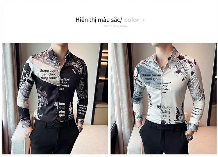 Áo Sơ Mi Nam Tay Dài In Họa Tiết Phong Cách Âu Mỹ Anh Quốc Thu Đông Màu Trắng, Đen chi tiết 2