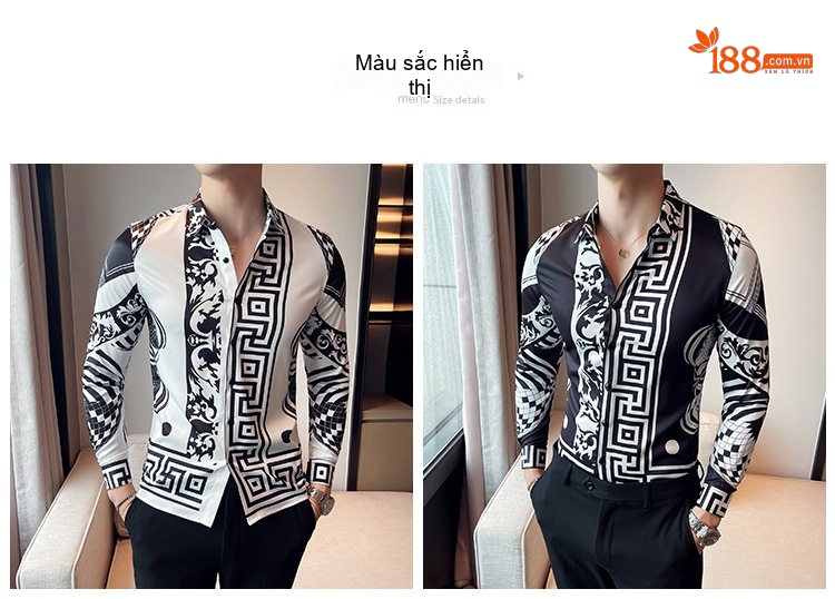 Áo Sơ Mi Nam Tay Dài In Họa Tiết Phong Cách Âu Mỹ Màu Đen, Trắng chi tiết 2