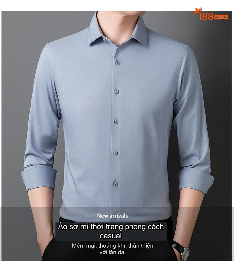 Áo Sơ Mi Nam Tay Dài Lụa Tơ Tằm Công Sở Chống Nhăn Màu Xanh Bạc Hà, Trắng, Xanh Da Trời, Nâu... chi tiết 1