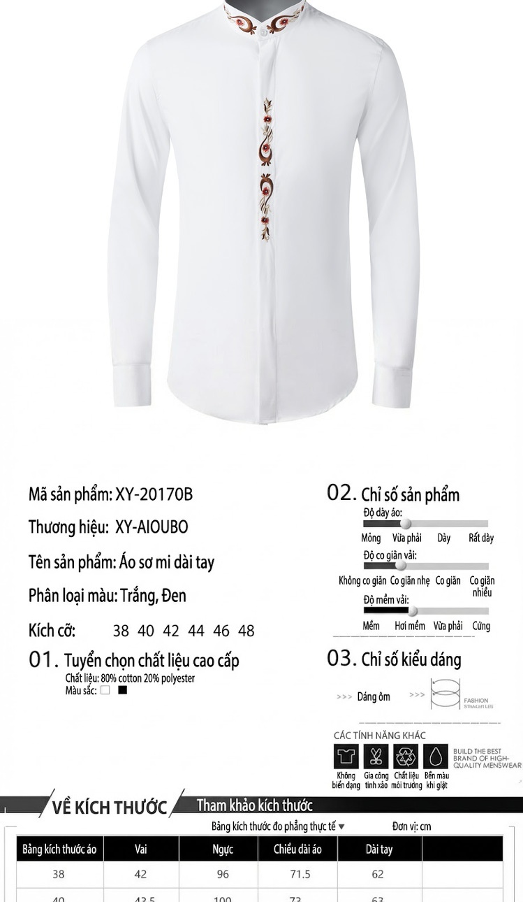 Áo Sơ Mi Nam Tay Dài Thêu Hình Phượng Cổ Tàu Phong Cách Trung Hoa Màu Trắng, Đen chi tiết 2