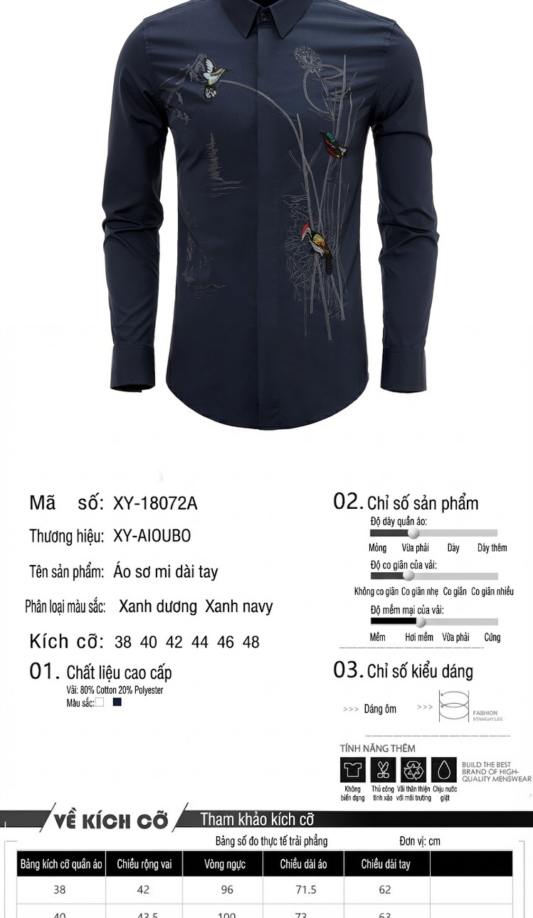 Áo Sơ Mi Nam Tay Dài Thêu Hoa Chim Thủ Công Đính Cườm Ôm Dáng Màu Xanh, Đen chi tiết 2