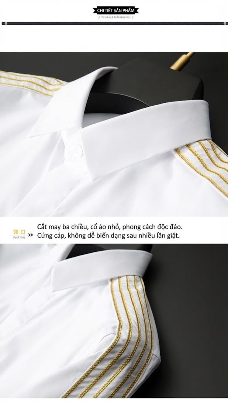 Áo Sơ Mi Nam Tay Dài Thêu Họa Tiết Dây Xích Vàng Màu Đen, Trắng chi tiết 9