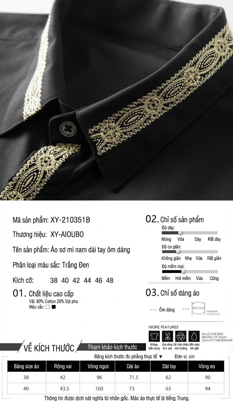 Áo Sơ Mi Nam Tay Dài Thêu Họa Tiết Form Slimfit Phong Cách Casual Màu Đen, Trắng chi tiết 2