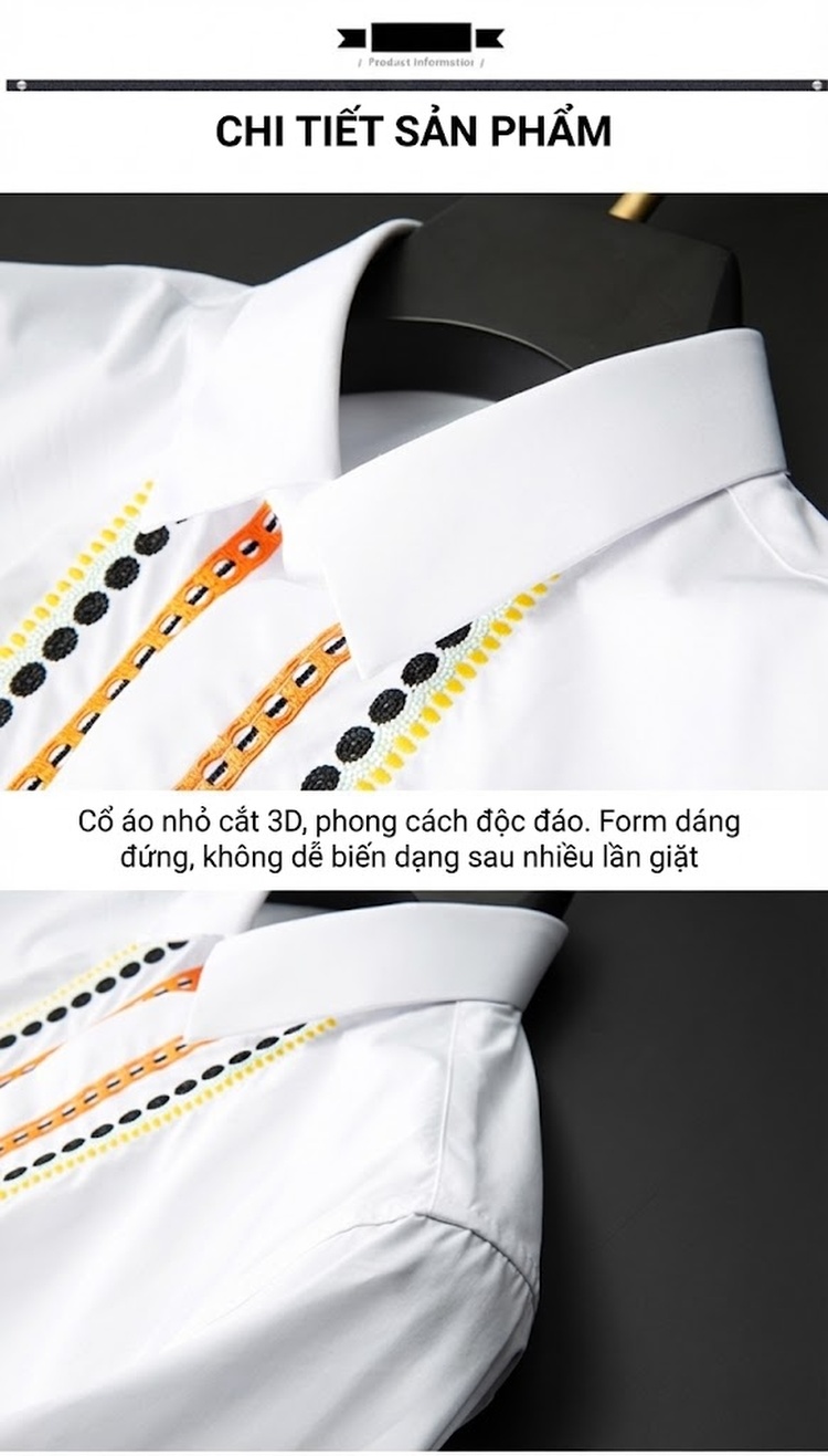 Áo Sơ Mi Nam Tay Dài Thêu Hoa Văn Cổ Điển Màu Trắng, Đen, Vàng, Cam chi tiết 8