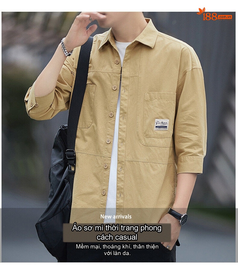 Áo Sơ Mi Nam Tay Lỡ Cotton Form Rộng Màu Đen, Xanh Rêu, Nâu, Be chi tiết 1