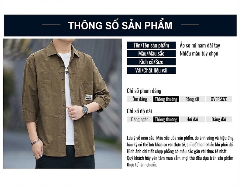 Áo Sơ Mi Nam Tay Lỡ Cotton Form Rộng Màu Đen, Xanh Rêu, Nâu, Be chi tiết 3
