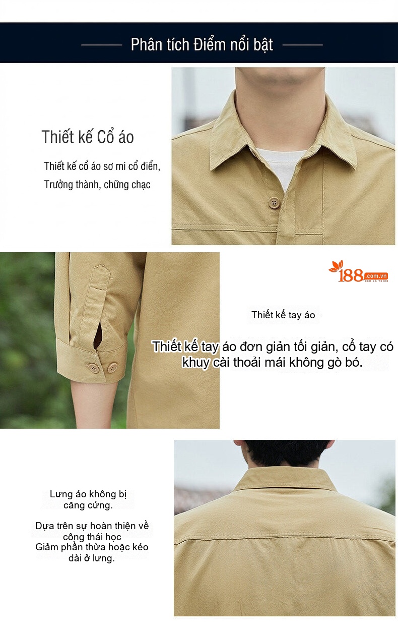 Áo Sơ Mi Nam Tay Lỡ Cotton Form Rộng Màu Đen, Xanh Rêu, Nâu, Be chi tiết 2