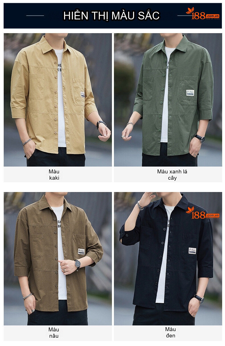 Áo Sơ Mi Nam Tay Lỡ Cotton Form Rộng Màu Đen, Xanh Rêu, Nâu, Be chi tiết 5