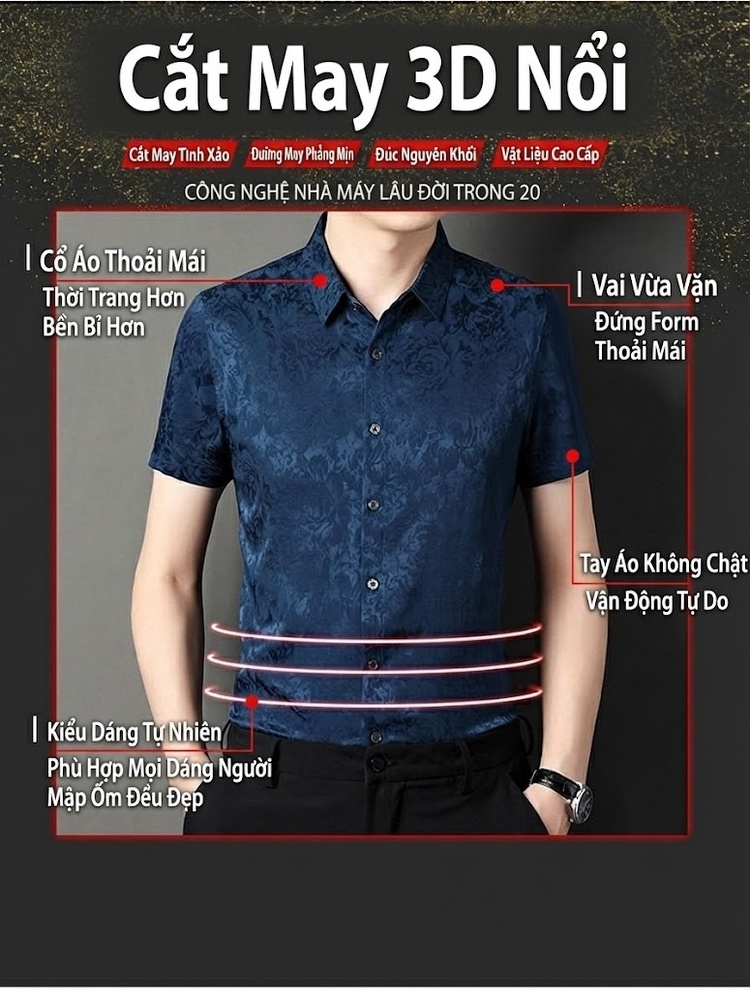 Áo Sơ Mi Nam Tay Ngắn Cao Cấp Lụa Tằm Thượng Hạng Họa Tiết Jacquard Chống Nhăn Màu Trắng, Xanh Dương, Đỏ, Đen... chi tiết 4