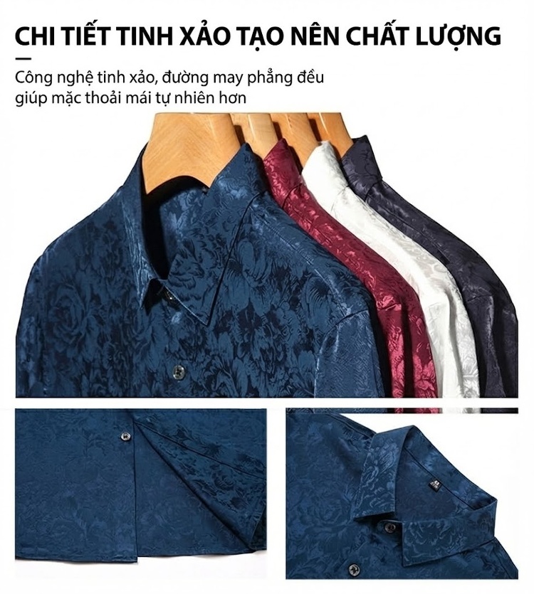 Áo Sơ Mi Nam Tay Ngắn Cao Cấp Lụa Tằm Thượng Hạng Họa Tiết Jacquard Chống Nhăn Màu Trắng, Xanh Dương, Đỏ, Đen... chi tiết 5