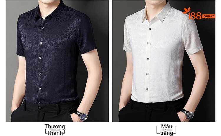 Áo Sơ Mi Nam Tay Ngắn Cao Cấp Lụa Tằm Thượng Hạng Họa Tiết Jacquard Chống Nhăn Màu Trắng, Xanh Dương, Đỏ, Đen... chi tiết 8