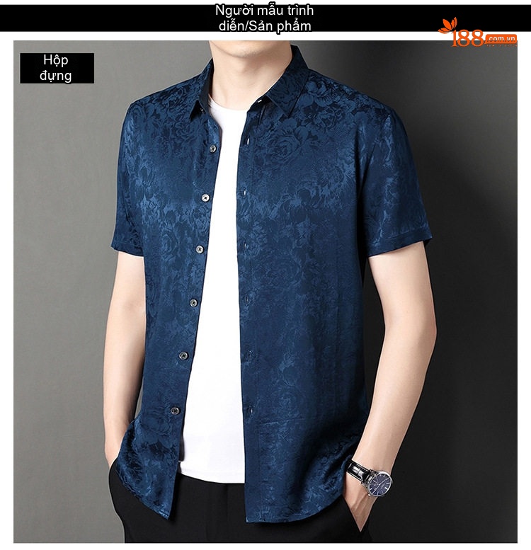 Áo Sơ Mi Nam Tay Ngắn Cao Cấp Lụa Tằm Thượng Hạng Họa Tiết Jacquard Chống Nhăn Màu Trắng, Xanh Dương, Đỏ, Đen... chi tiết 9