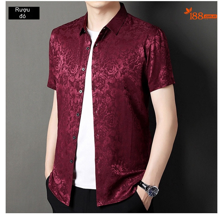 Áo Sơ Mi Nam Tay Ngắn Cao Cấp Lụa Tằm Thượng Hạng Họa Tiết Jacquard Chống Nhăn Màu Trắng, Xanh Dương, Đỏ, Đen... chi tiết 12