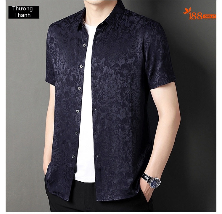 Áo Sơ Mi Nam Tay Ngắn Cao Cấp Lụa Tằm Thượng Hạng Họa Tiết Jacquard Chống Nhăn Màu Trắng, Xanh Dương, Đỏ, Đen... chi tiết 15