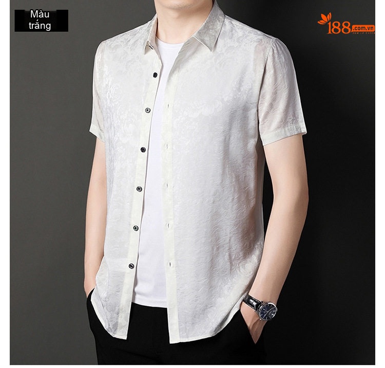 Áo Sơ Mi Nam Tay Ngắn Cao Cấp Lụa Tằm Thượng Hạng Họa Tiết Jacquard Chống Nhăn Màu Trắng, Xanh Dương, Đỏ, Đen... chi tiết 18