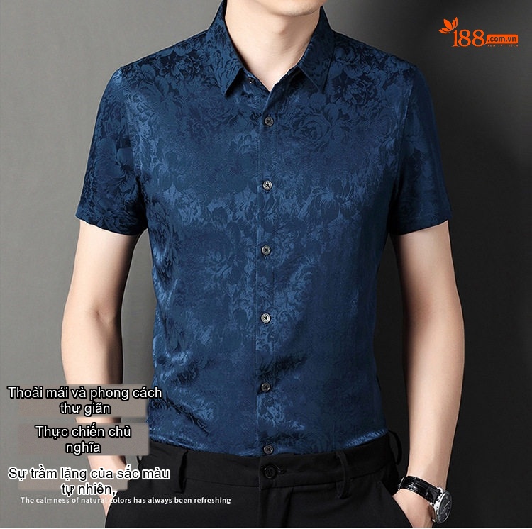 Áo Sơ Mi Nam Tay Ngắn Cao Cấp Lụa Tằm Thượng Hạng Họa Tiết Jacquard Chống Nhăn Màu Trắng, Xanh Dương, Đỏ, Đen... chi tiết 1