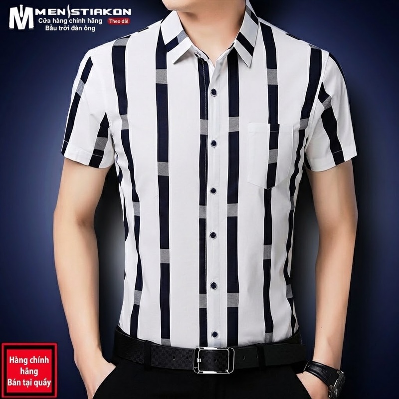 Áo Sơ Mi Nam Tay Ngắn Cotton Kẻ Sọc Có Túi Màu Trắng, Xanh Navy, Xám