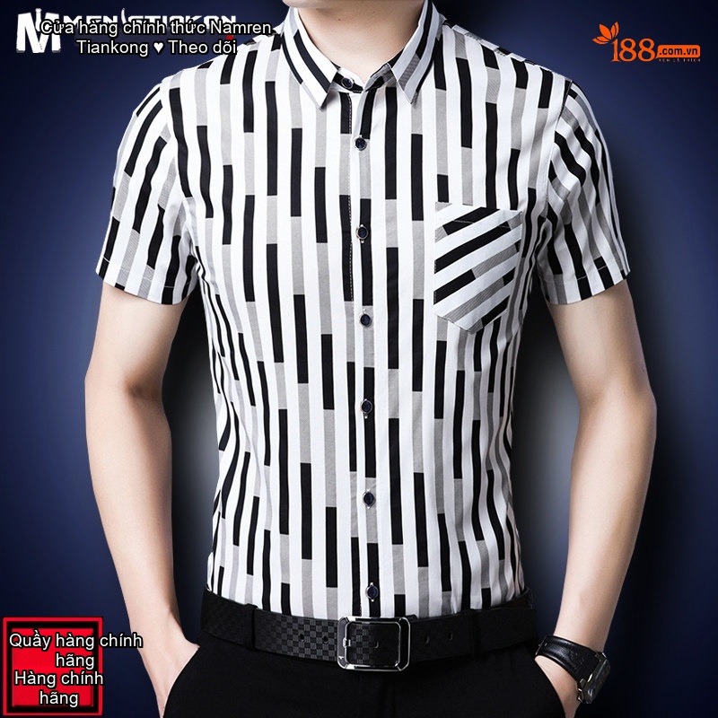 Áo Sơ Mi Nam Tay Ngắn Cotton Kẻ Sọc Có Túi Màu Trắng, Xanh Navy, Xám