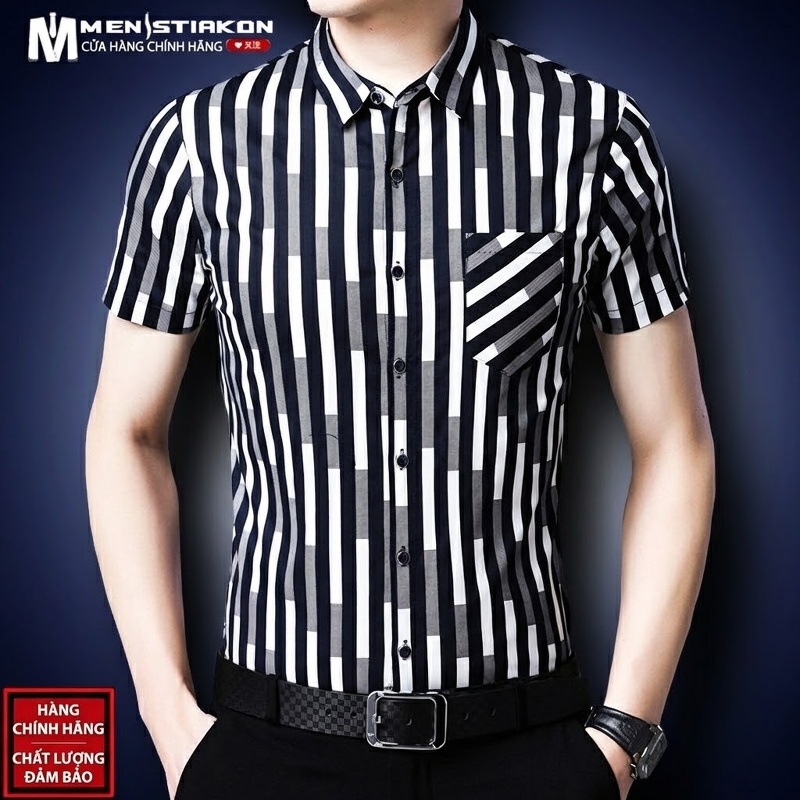 Áo Sơ Mi Nam Tay Ngắn Cotton Kẻ Sọc Có Túi Màu Trắng, Xanh Navy, Xám