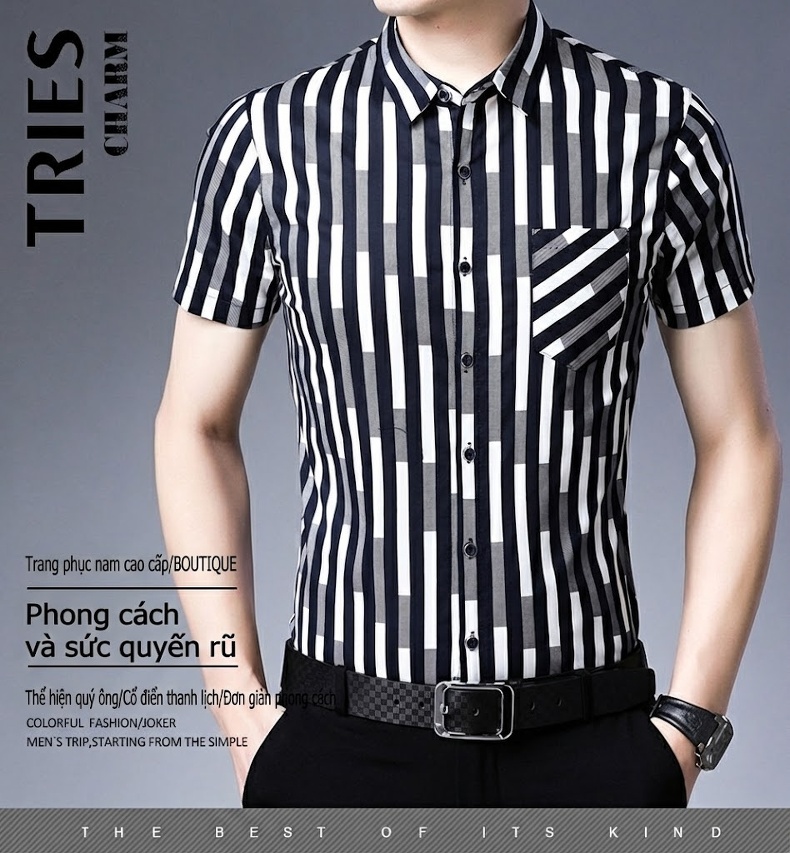 Áo Sơ Mi Nam Tay Ngắn Cotton Kẻ Sọc Có Túi Màu Trắng, Xanh Navy, Xám chi tiết 1