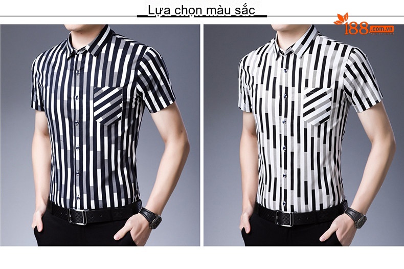 Áo Sơ Mi Nam Tay Ngắn Cotton Kẻ Sọc Có Túi Màu Trắng, Xanh Navy, Xám chi tiết 2
