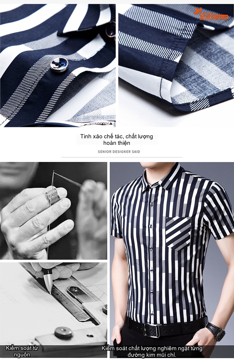 Áo Sơ Mi Nam Tay Ngắn Cotton Kẻ Sọc Có Túi Màu Trắng, Xanh Navy, Xám chi tiết 7