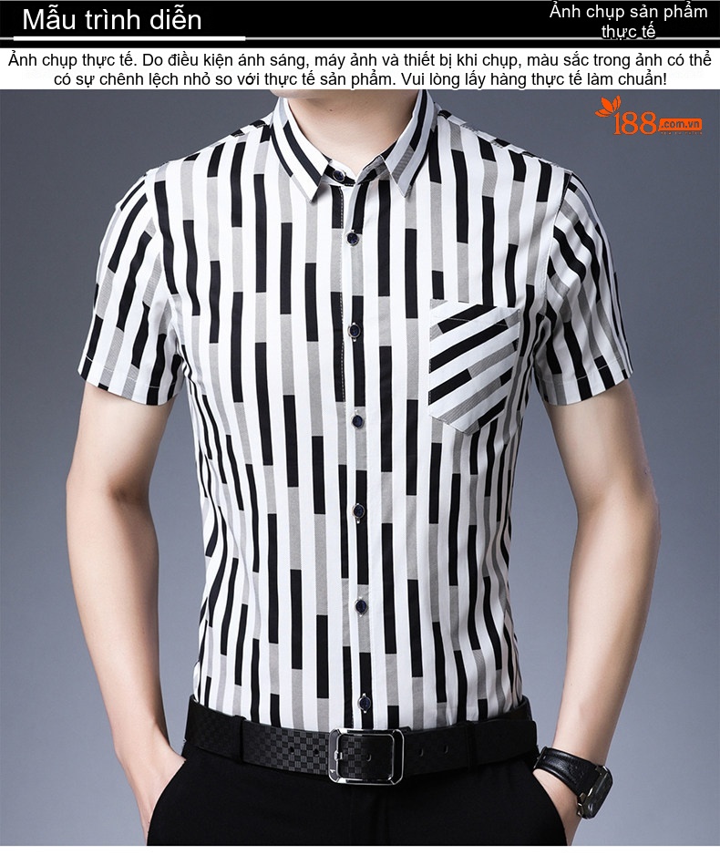 Áo Sơ Mi Nam Tay Ngắn Cotton Kẻ Sọc Có Túi Màu Trắng, Xanh Navy, Xám chi tiết 8