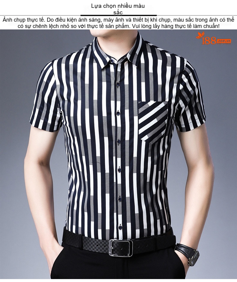 Áo Sơ Mi Nam Tay Ngắn Cotton Kẻ Sọc Có Túi Màu Trắng, Xanh Navy, Xám chi tiết 11