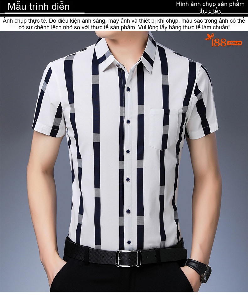 Áo Sơ Mi Nam Tay Ngắn Cotton Kẻ Sọc Có Túi Màu Trắng, Xanh Navy, Xám chi tiết 14