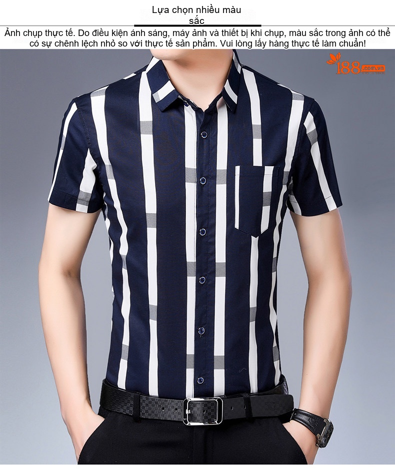 Áo Sơ Mi Nam Tay Ngắn Cotton Kẻ Sọc Có Túi Màu Trắng, Xanh Navy, Xám chi tiết 17