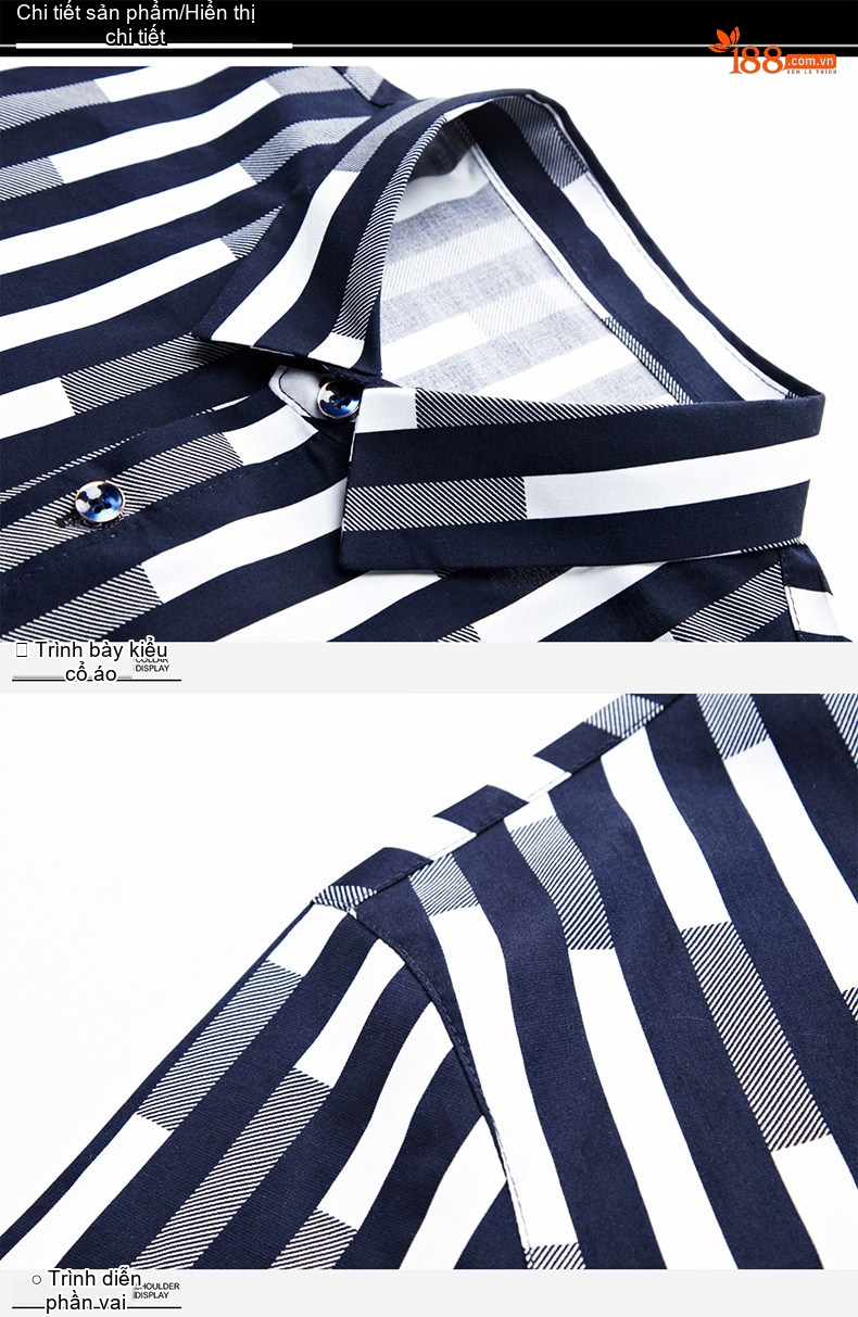 Áo Sơ Mi Nam Tay Ngắn Cotton Kẻ Sọc Có Túi Màu Trắng, Xanh Navy, Xám chi tiết 20