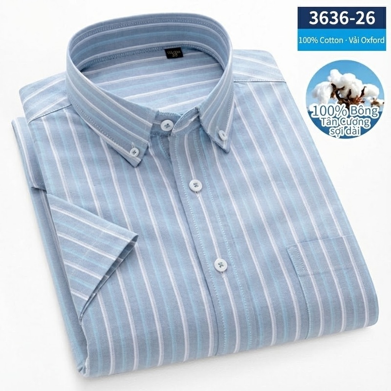 Áo Sơ Mi Nam Tay Ngắn Cotton Oxford Sọc Màu Xanh Dương, Xám, Trắng, Cam...