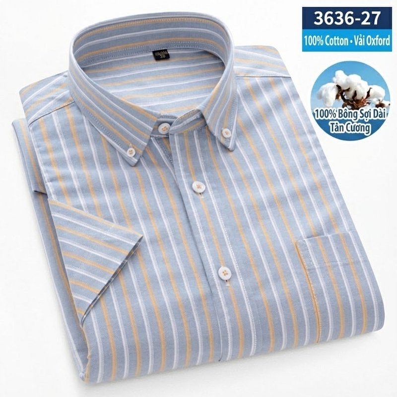 Áo Sơ Mi Nam Tay Ngắn Cotton Oxford Sọc Màu Xanh Dương, Xám, Trắng, Cam...