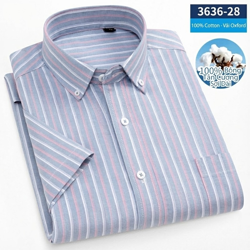 Áo Sơ Mi Nam Tay Ngắn Cotton Oxford Sọc Màu Xanh Dương, Xám, Trắng, Cam...