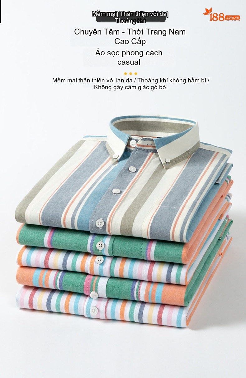 Áo Sơ Mi Nam Tay Ngắn Cotton Oxford Sọc Màu Xanh Dương, Xám, Trắng, Cam... chi tiết 1