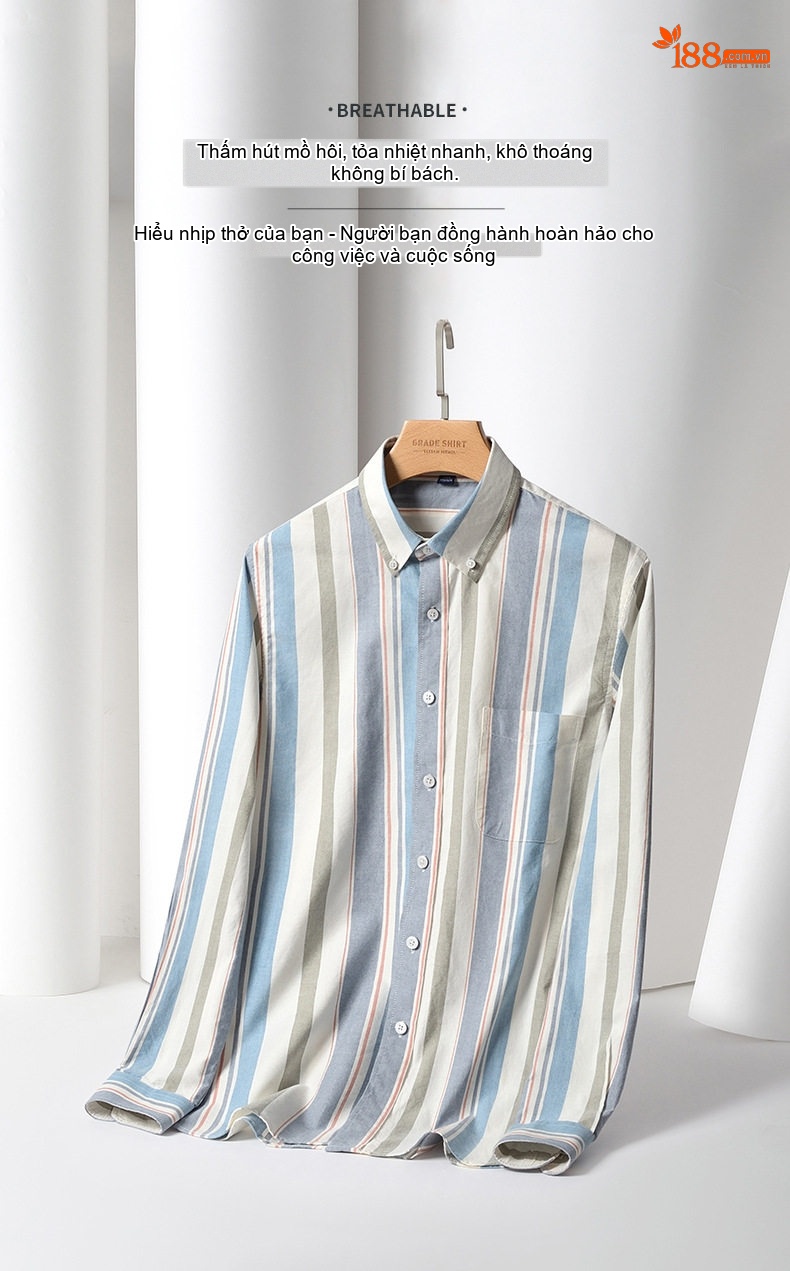 Áo Sơ Mi Nam Tay Ngắn Cotton Oxford Sọc Màu Xanh Dương, Xám, Trắng, Cam... chi tiết 4