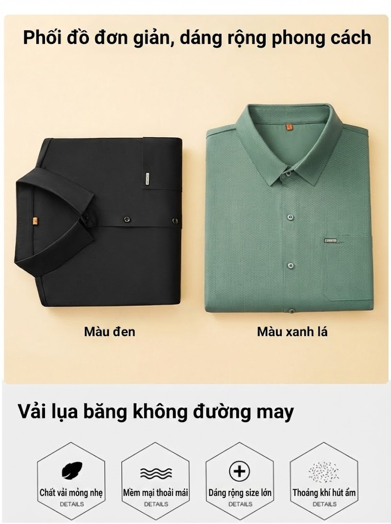 Áo Sơ Mi Nam Tay Ngắn Form Rộng Cổ chữ Vuông Vải Lụa Băng Màu Đen, Xanh Lá chi tiết 3