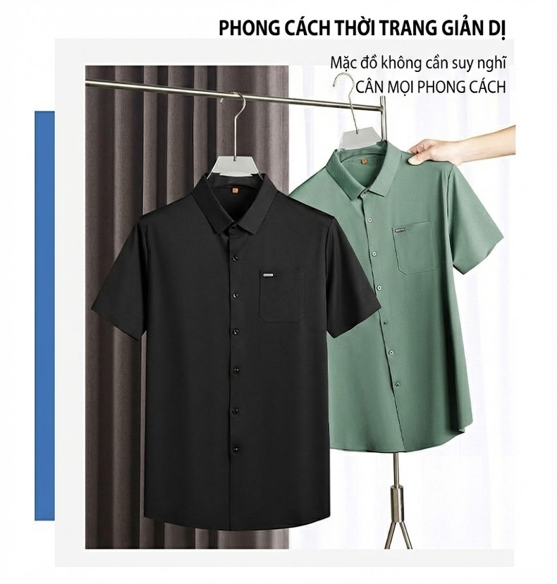 Áo Sơ Mi Nam Tay Ngắn Form Rộng Cổ chữ Vuông Vải Lụa Băng Màu Đen, Xanh Lá chi tiết 9