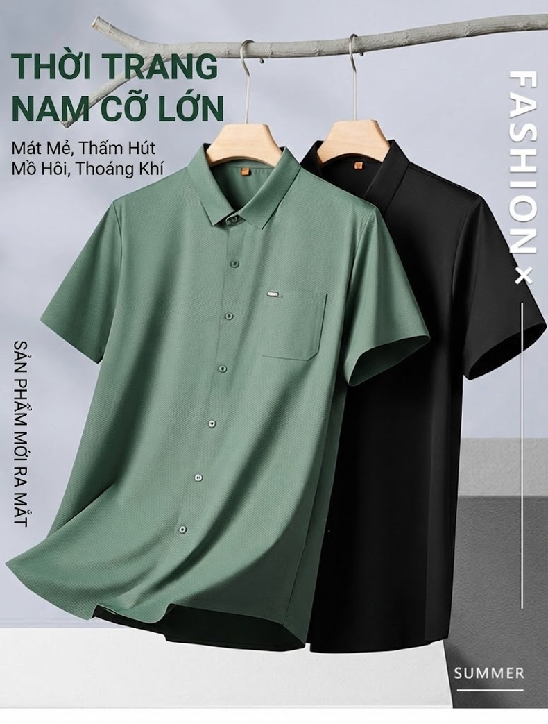 Áo Sơ Mi Nam Tay Ngắn Form Rộng Cổ chữ Vuông Vải Lụa Băng Màu Đen, Xanh Lá chi tiết 1