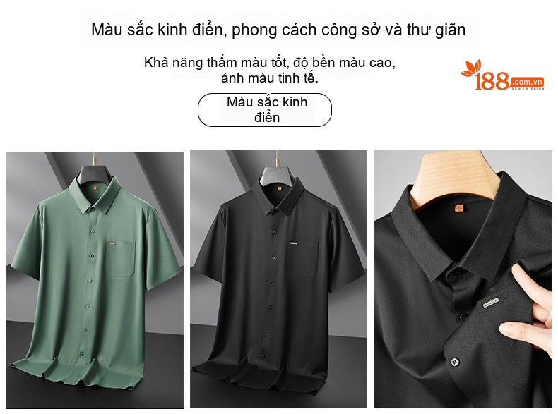 Áo Sơ Mi Nam Tay Ngắn Form Rộng Cổ chữ Vuông Vải Lụa Băng Màu Đen, Xanh Lá chi tiết 15