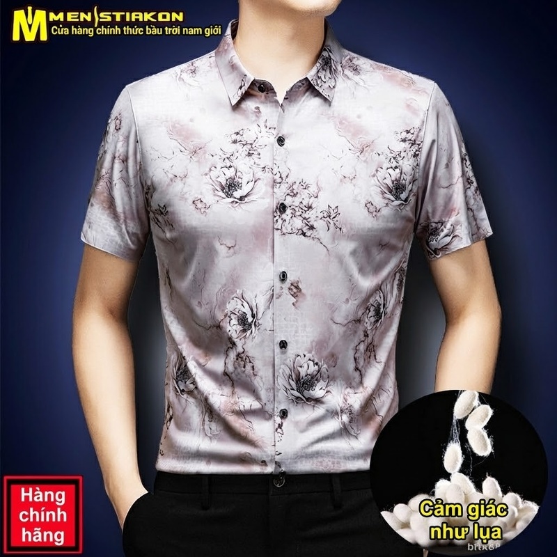 Áo Sơ Mi Nam Tay Ngắn Họa Tiết Hoa Lụa Tơ Tằm Mỏng Chống Nhăn Màu Xanh, Xám, Đen, Hồng...