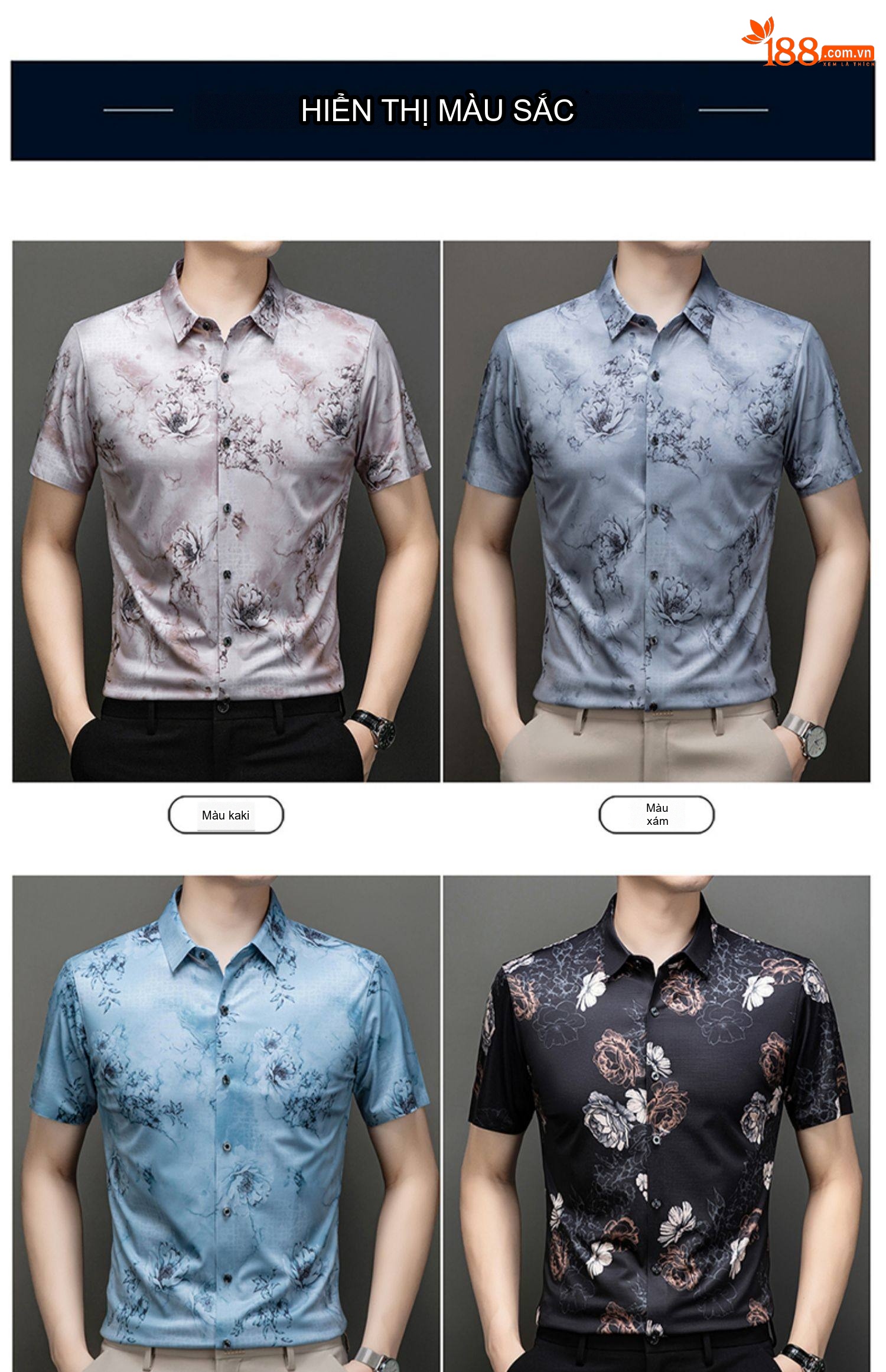 Áo Sơ Mi Nam Tay Ngắn Họa Tiết Hoa Lụa Tơ Tằm Mỏng Chống Nhăn Màu Xanh, Xám, Đen, Hồng... chi tiết 7