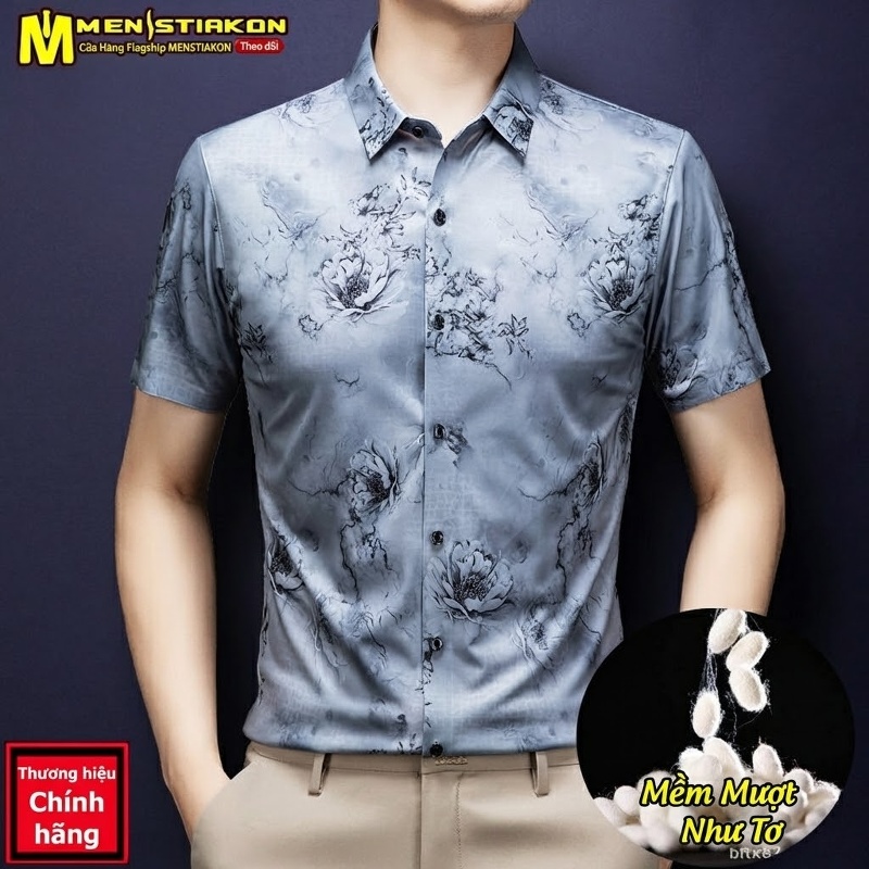 Áo Sơ Mi Nam Tay Ngắn Họa Tiết Hoa Lụa Tơ Tằm Mỏng Chống Nhăn Màu Xanh, Xám, Đen, Hồng...