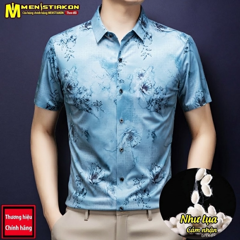 Áo Sơ Mi Nam Tay Ngắn Họa Tiết Hoa Lụa Tơ Tằm Mỏng Chống Nhăn Màu Xanh, Xám, Đen, Hồng...