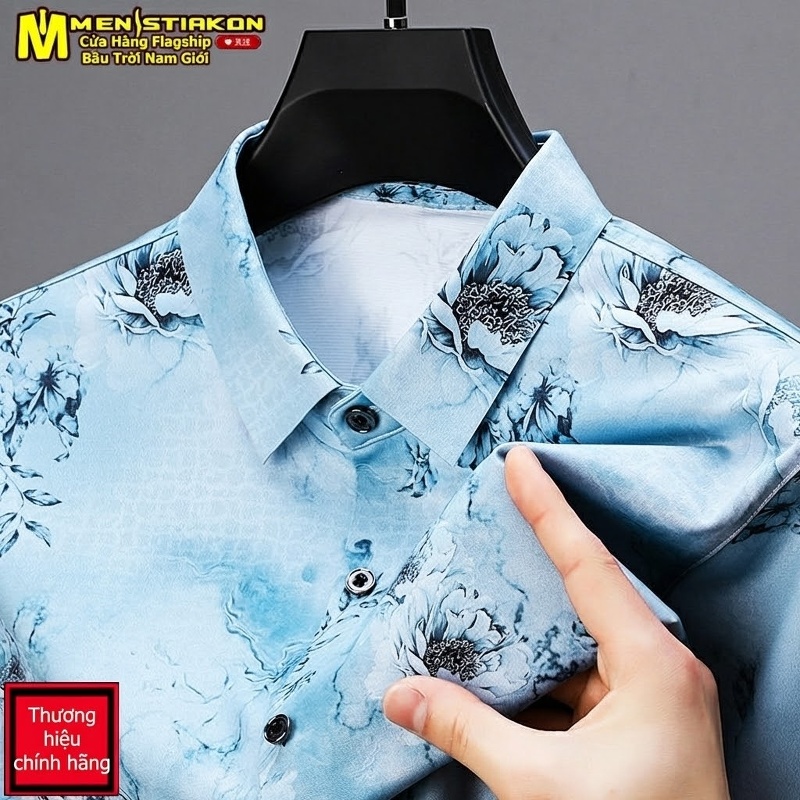 Áo Sơ Mi Nam Tay Ngắn Họa Tiết Hoa Lụa Tơ Tằm Mỏng Chống Nhăn Màu Xanh, Xám, Đen, Hồng...