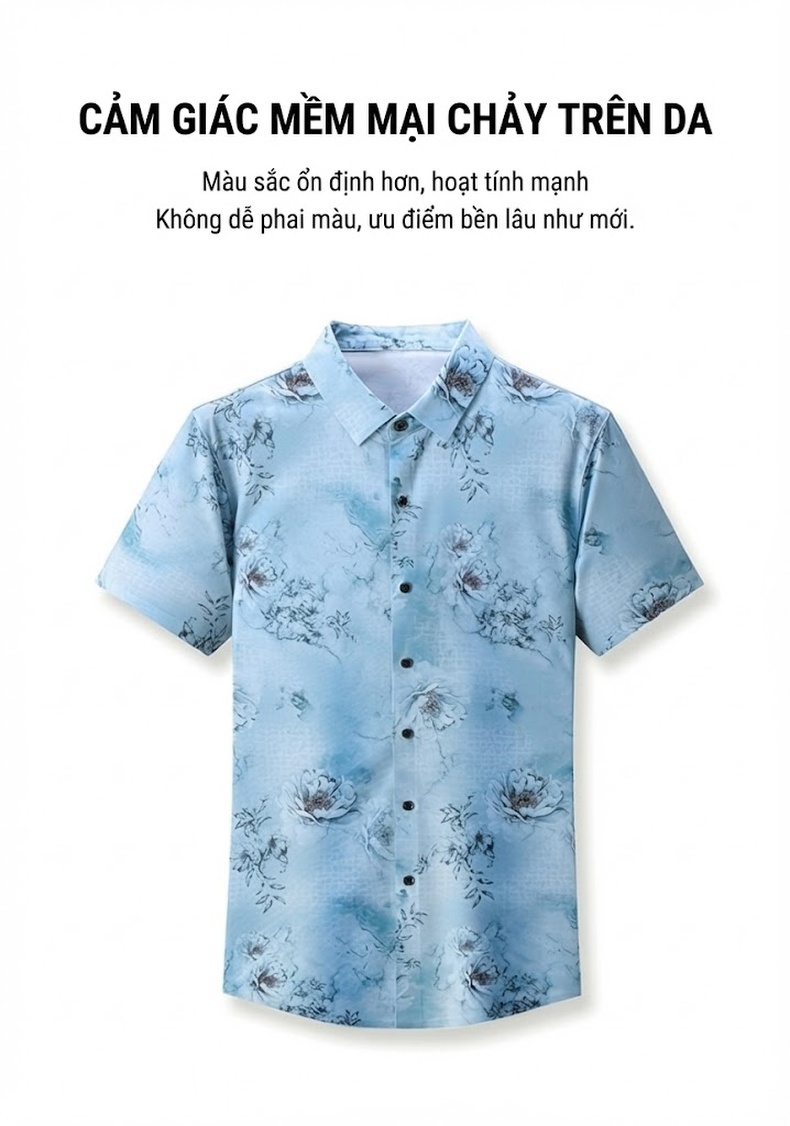Áo Sơ Mi Nam Tay Ngắn Họa Tiết Hoa Lụa Tơ Tằm Mỏng Chống Nhăn Màu Xanh, Xám, Đen, Hồng... chi tiết 5
