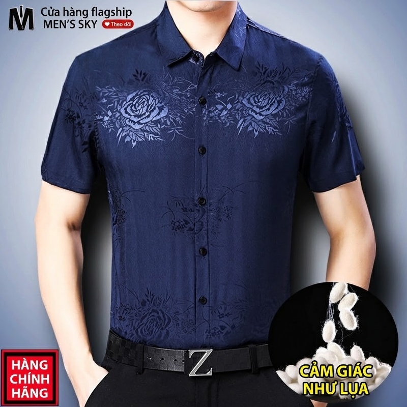 Áo Sơ Mi Nam Tay Ngắn Họa Tiết Hoa Mùa Hè Trung Niên Dáng Rộng Lụa Băng Màu Xanh Navy, Vàng, Xanh Rêu, Xanh...